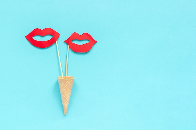 Couple paper lips props waffle cone. Concept lesbian love Greeting card  Template 