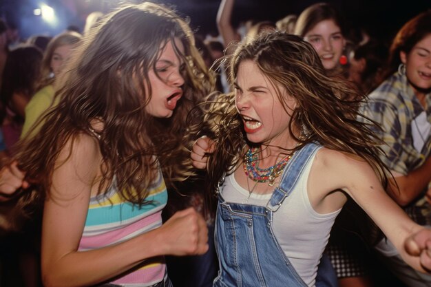 A couple of passionate girls dancing and screaming at a disco