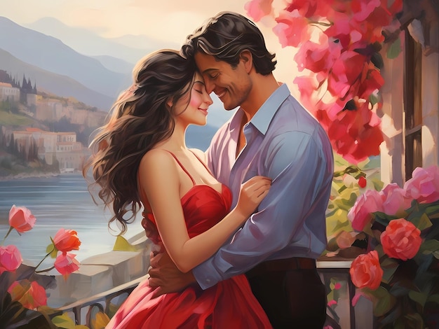 A couple passionately embracing in a picturesque setting The vibrant colors of their clothes