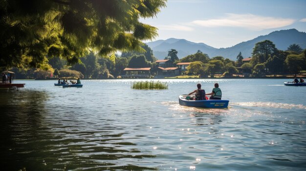 A couple peacefully rowing a small boat on a tranquil lake