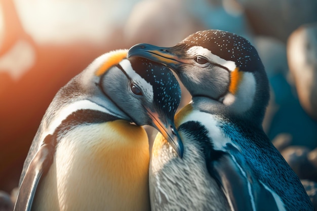A couple of penguins cuddling together with the sun behind them