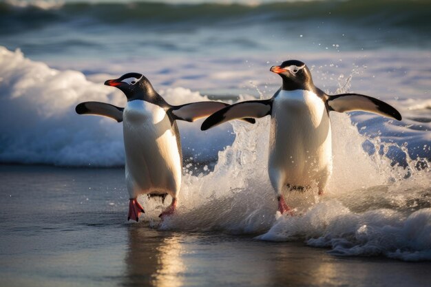 大西洋の波の中の海岸のペンギンのカップル