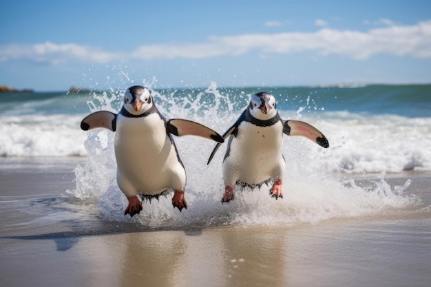 Couple of penguins on the shore in the waves of the Atlantic Ocean