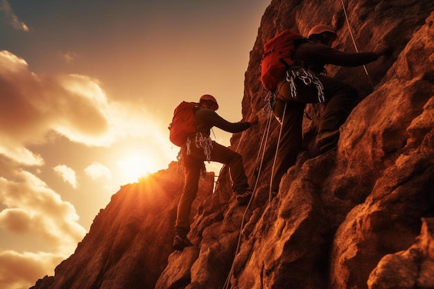 A couple of people climbing a rock face at sunset.