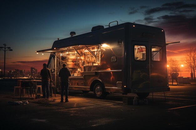 Photo couple of people eating at food truck in the street evening