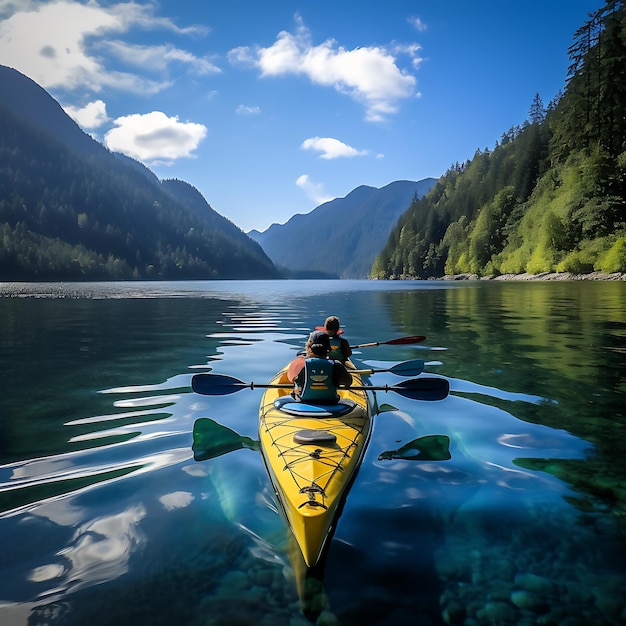 A couple of people in a kayak on a lake