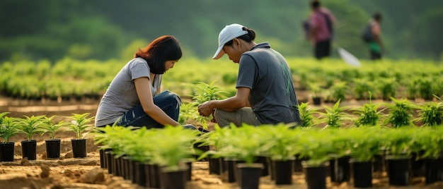 a couple of people kneeling down in a field of plants