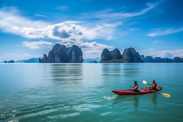 a couple of people in a red kayak on a body of water