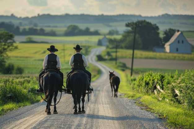 A couple of people riding on the back of horses down a road