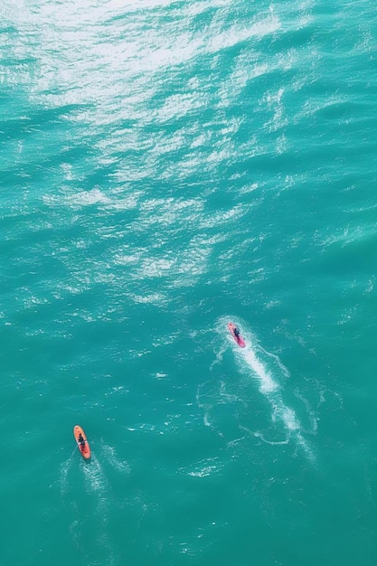 a couple of people riding surfboards on top of a body of water