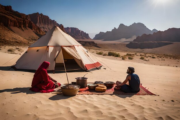 a couple of people sit in the desert, where a tent is set up.