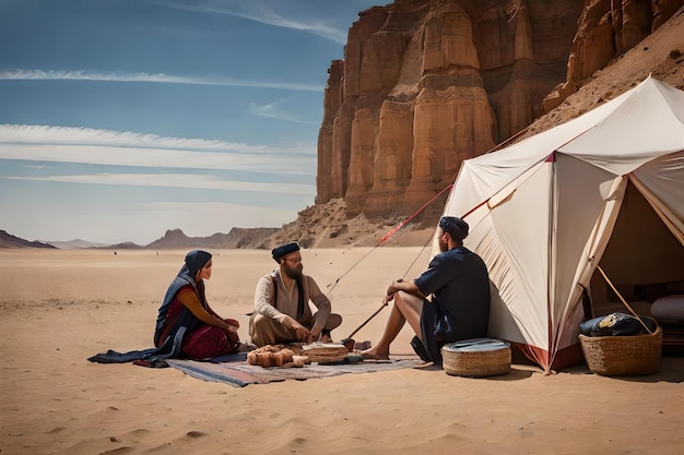 a couple of people sit in front of a tent with the words " camp " on the sand.