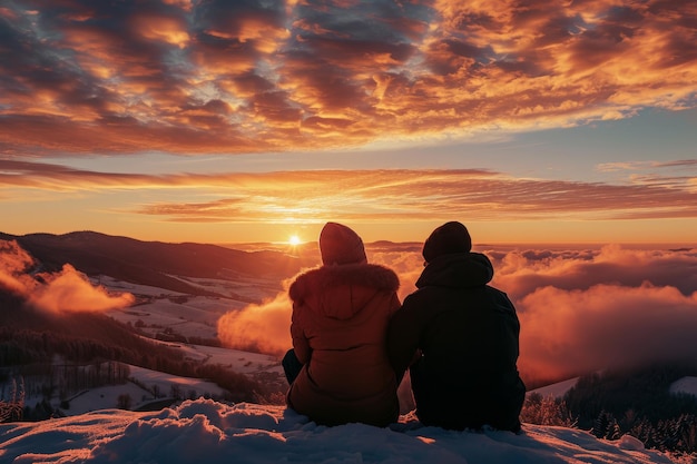 Foto una coppia di persone si siede sulla cima di un pendio innevato godendosi la vista e la compagnia degli altri coppia che guarda l'alba in cima a una montagna il giorno di san valentino