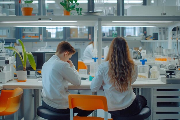 a couple of people sitting at a table in a lab