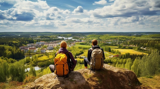 Photo a couple of people sitting on top of a rock