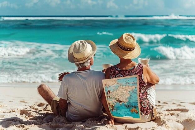 A couple of people sitting on top of a sandy beach