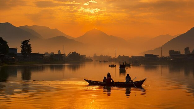 Photo a couple of people in a small boat on a lake