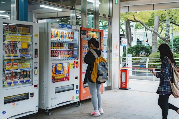 a couple of people standing in front of a vending machine