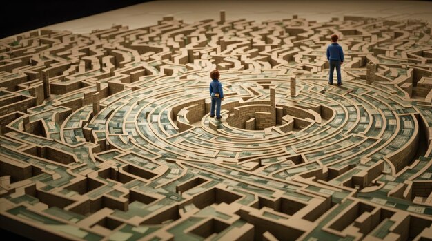 a couple of people standing in a maze of paper cut out of paper