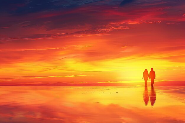 夕暮れの下のビーチの上に立っている2人の人