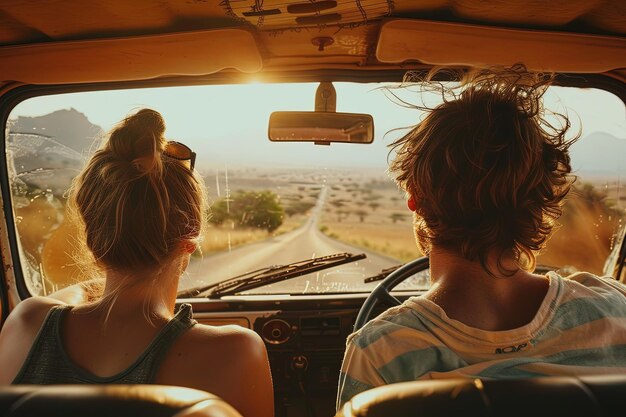 Photo a couple of people that are sitting in a car