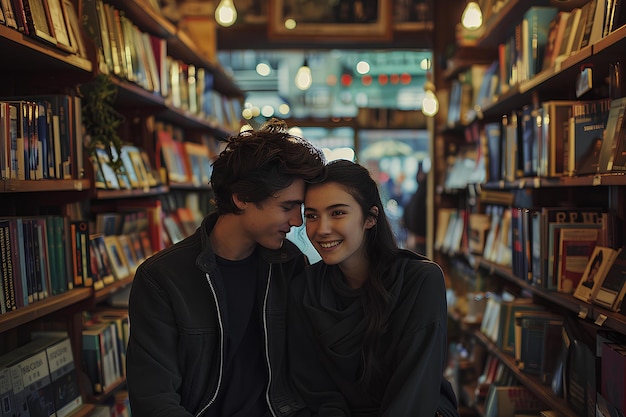 A couple of people that are sitting in a library together smiling at each