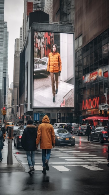 A couple of people walking across a street Generative AI image