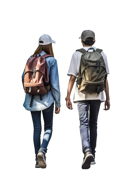 A couple of people walking down a street with backpacks Generative AI image