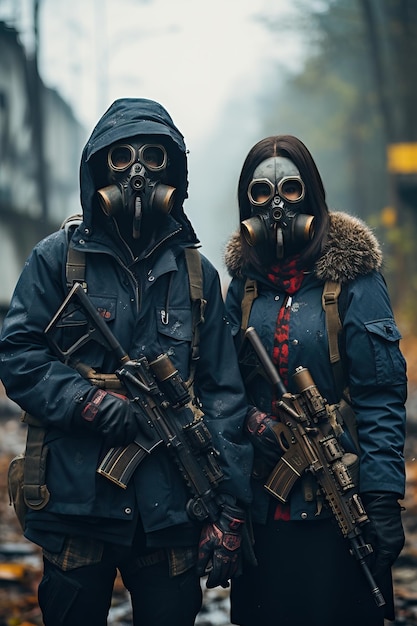 Foto un paio di persone che indossano maschere antigas e impugnano pistole