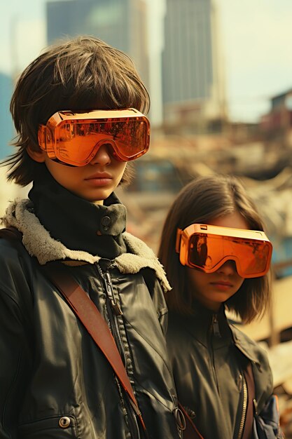 a couple of people wearing orange goggles