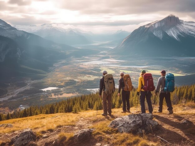 Couple of people with backpacks hiking in mountains outdoors