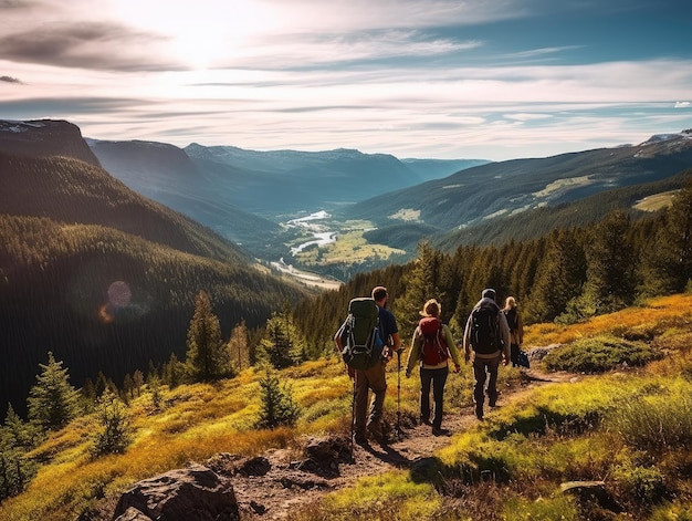 Couple of people with backpacks hiking in mountains outdoors