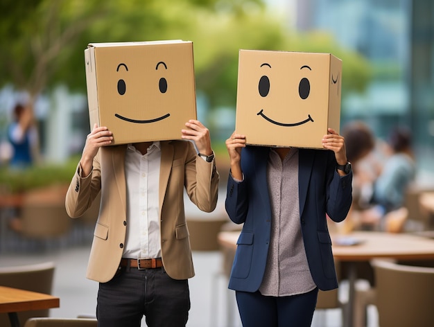 Couple of people with boxes on their heads with drawn faces