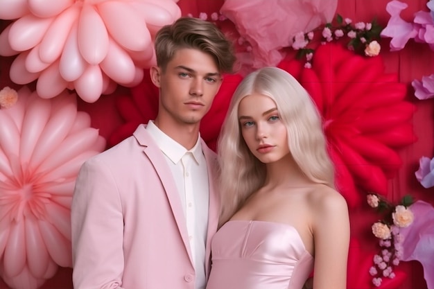 A couple in pink clothes stand in front of a red background with a red balloon