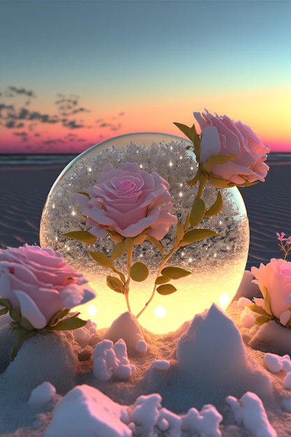 Couple of pink roses sitting on top of a snow covered ground generative ai