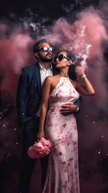 A couple in a pink smoke bomb