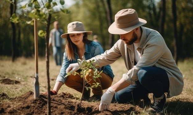 Couple planting and watering a tree together on a summer day in park generative AI