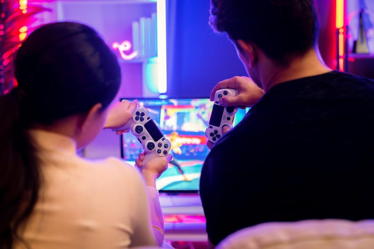 Photo カップルプレイヤーのビデオゲームは,後ろ側にジョイスティックを使用します.