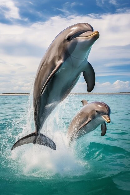 A couple of playful dolphins jumping out of the water AI generated illustration