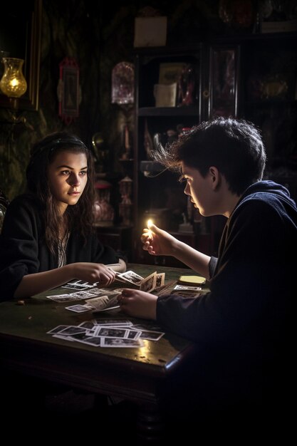 Photo a couple playing cards in a dark room with a light bulb on the table.