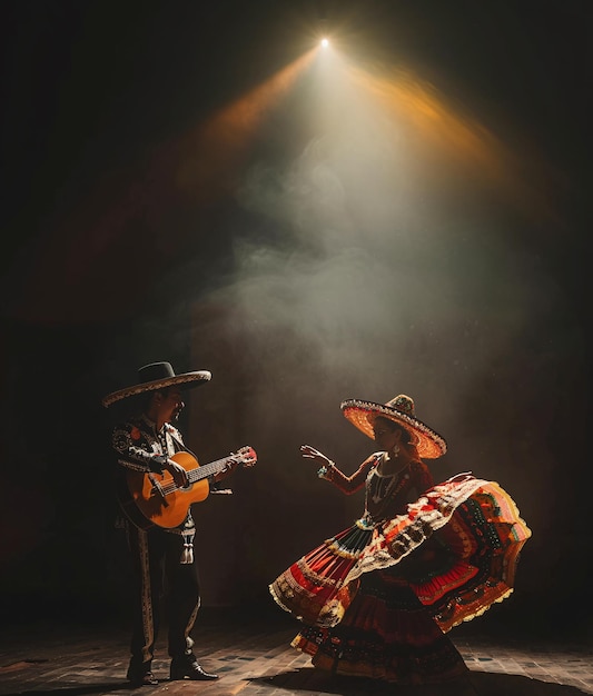 커플이 기타를 연주하고 멕시코 전통 의상을 입고 춤을 추고 어두운 배경에 Cinco de Mayo