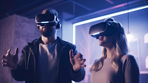 AIで作成されたネオンライトのゲームルームで仮想現実のメガネで遊ぶカップル