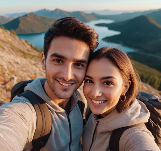 a couple poses for a photo with mountains in the background