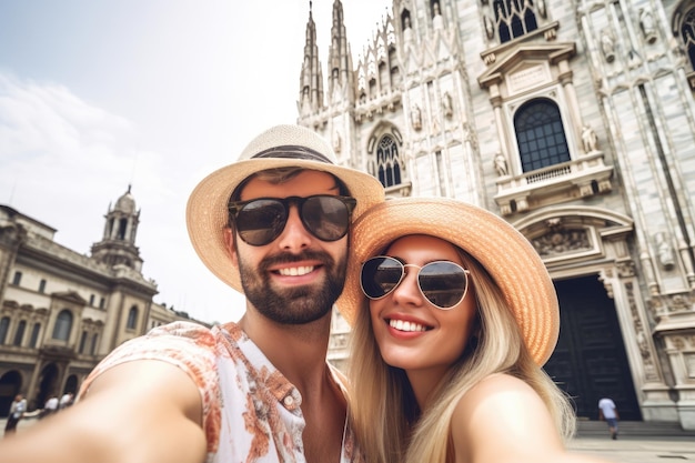 Couple posing in front of a cathedral