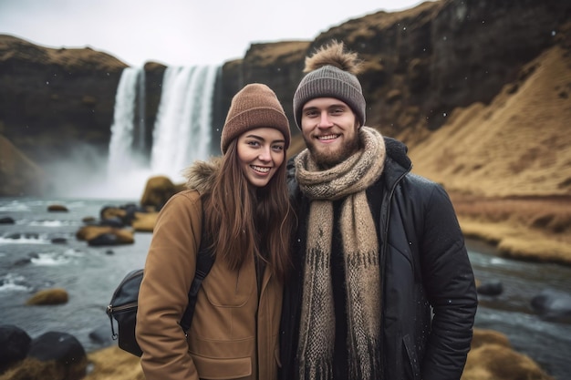 A couple posing in front of a waterfall