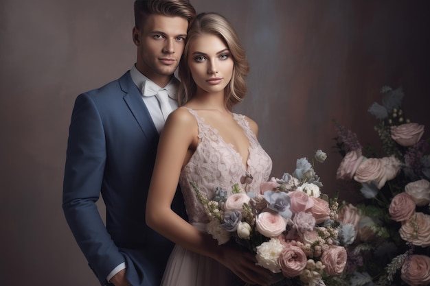 A couple posing for a photo with a bouquet of flowers