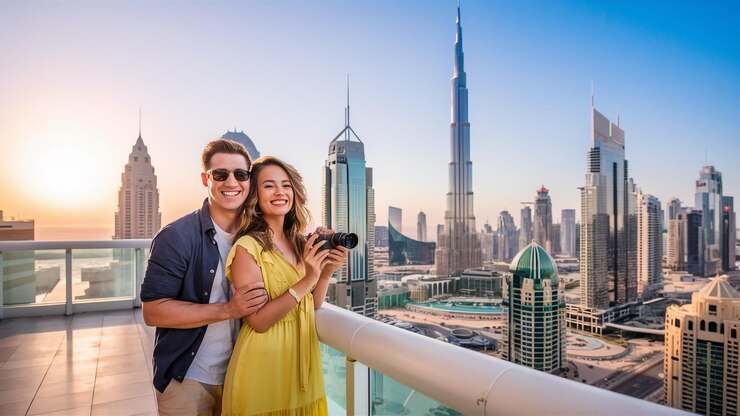 Photo a couple posing for a photo with the city skyline in the background