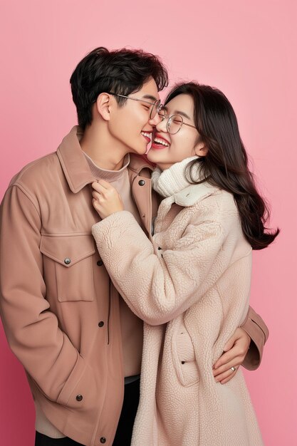 Photo a couple posing for a photo with a pink background generated ai