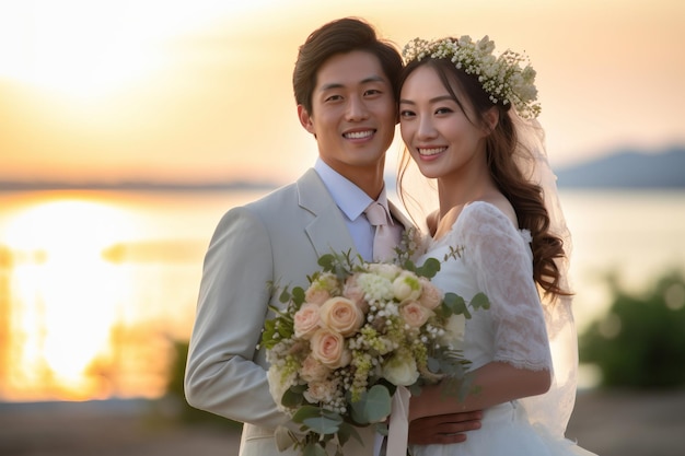 A couple posing for a photo with the sun setting behind them