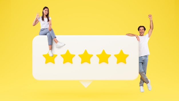 Couple posing with five stars rating icon over yellow background